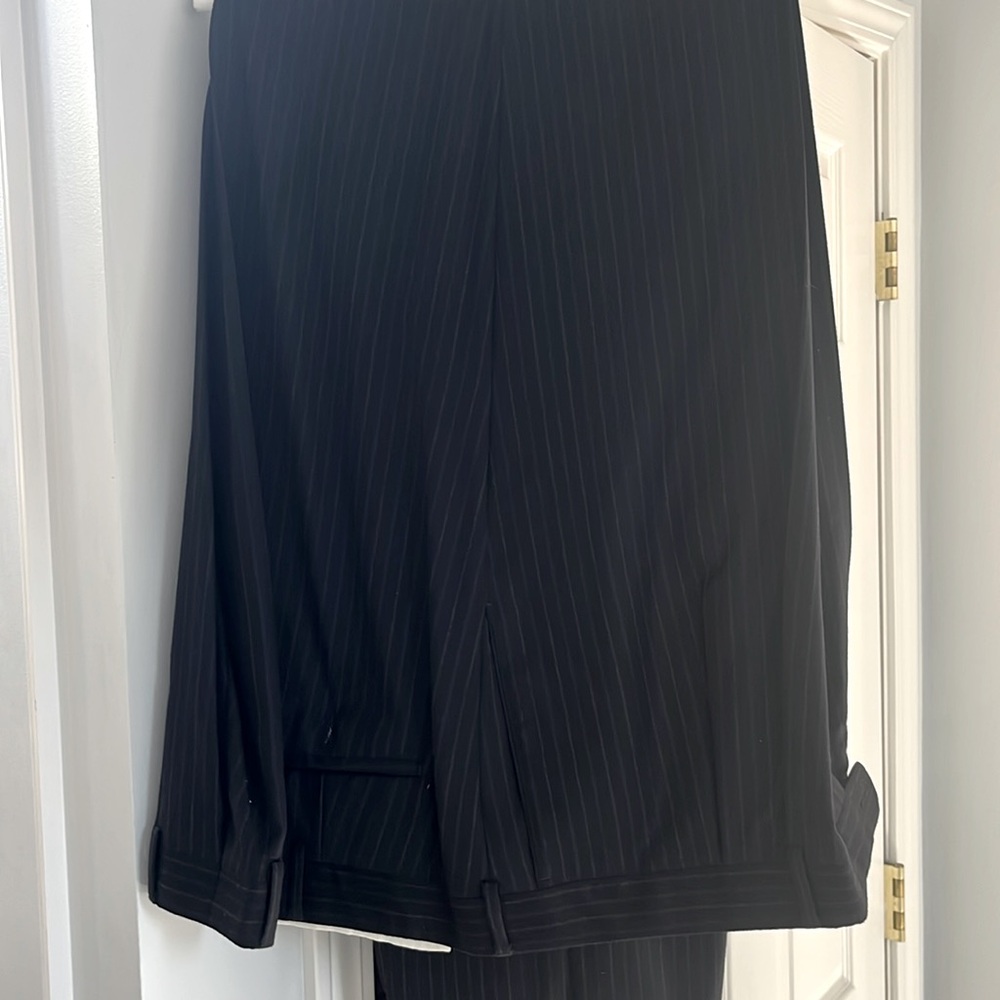 Men’s 50W un-hemmed dress pants. Navy with blue and gray pin stripes.